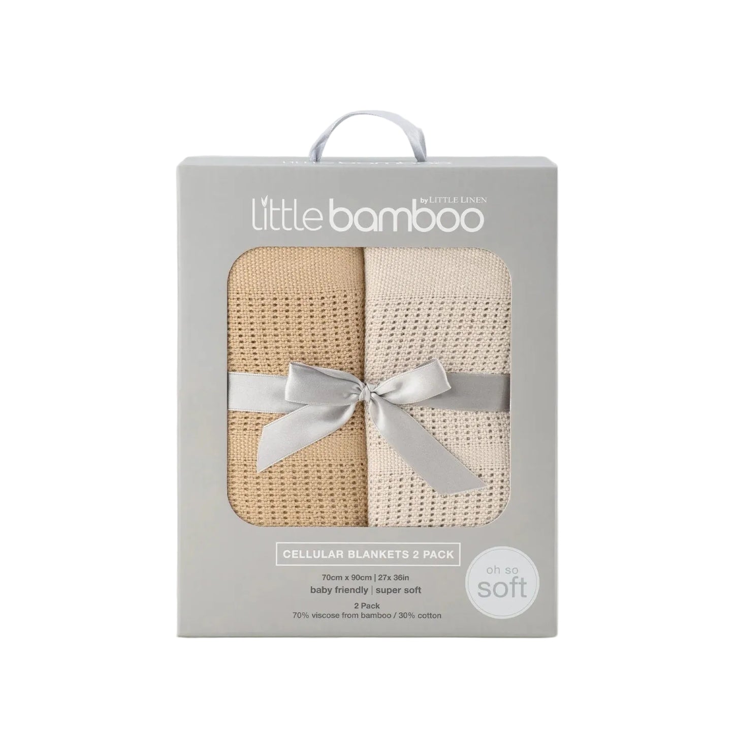 Packaged product of Little Bamboo cellular blankets with a gray background