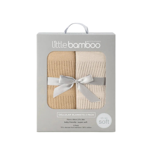 Packaged product of Little Bamboo cellular blankets with a gray background