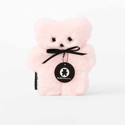 Pink teddy bear with a black ribbon and tag on a white background