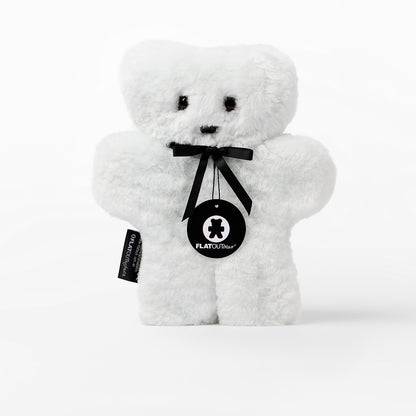 White teddy bear with a black ribbon and tag on a white background