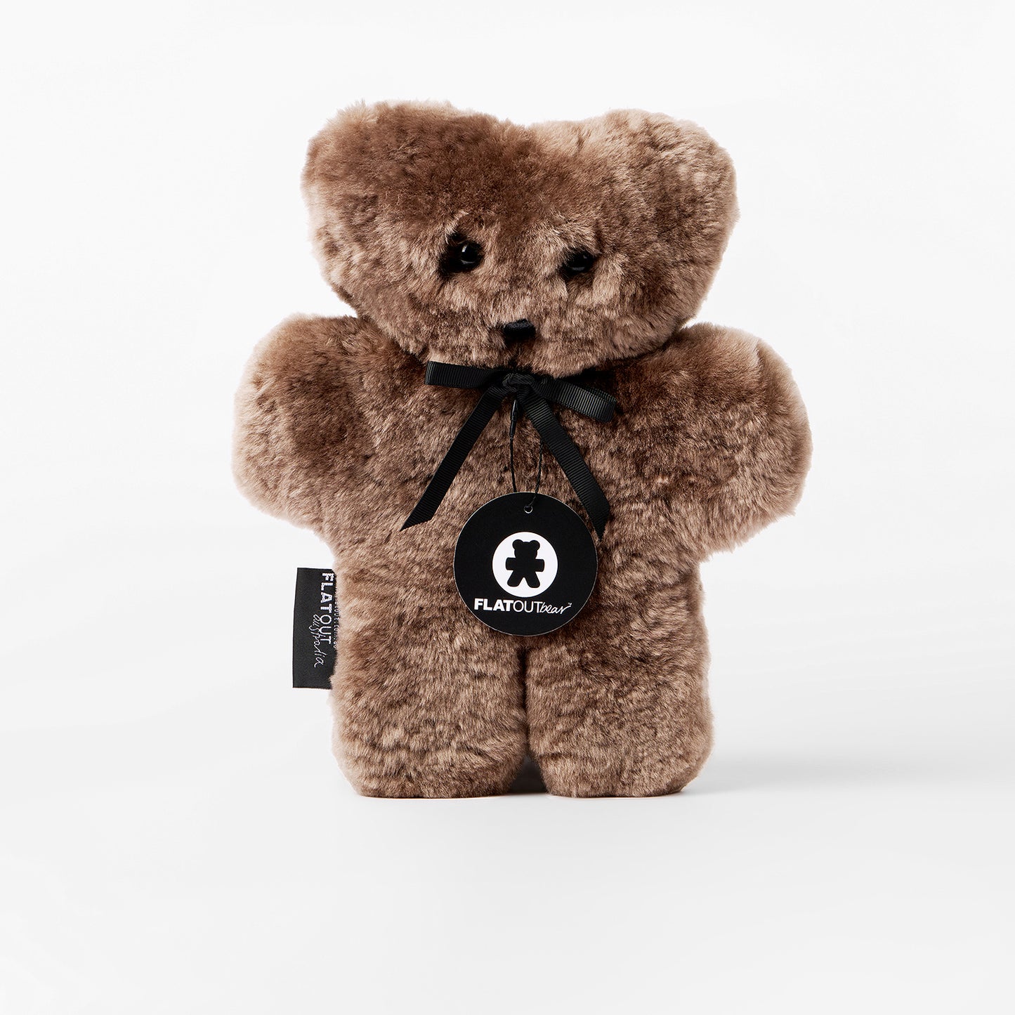 Brown teddy bear with a black ribbon and tag on a white background
