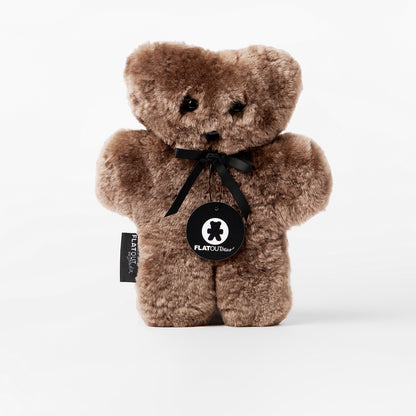 Brown teddy bear with a black ribbon and tag on a white background