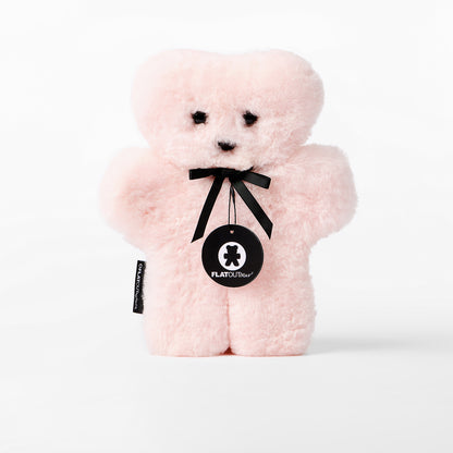 Pink teddy bear with a black ribbon and tag on a white background