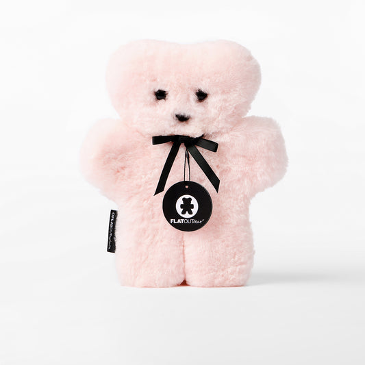 Pink teddy bear with a black ribbon and tag on a white background