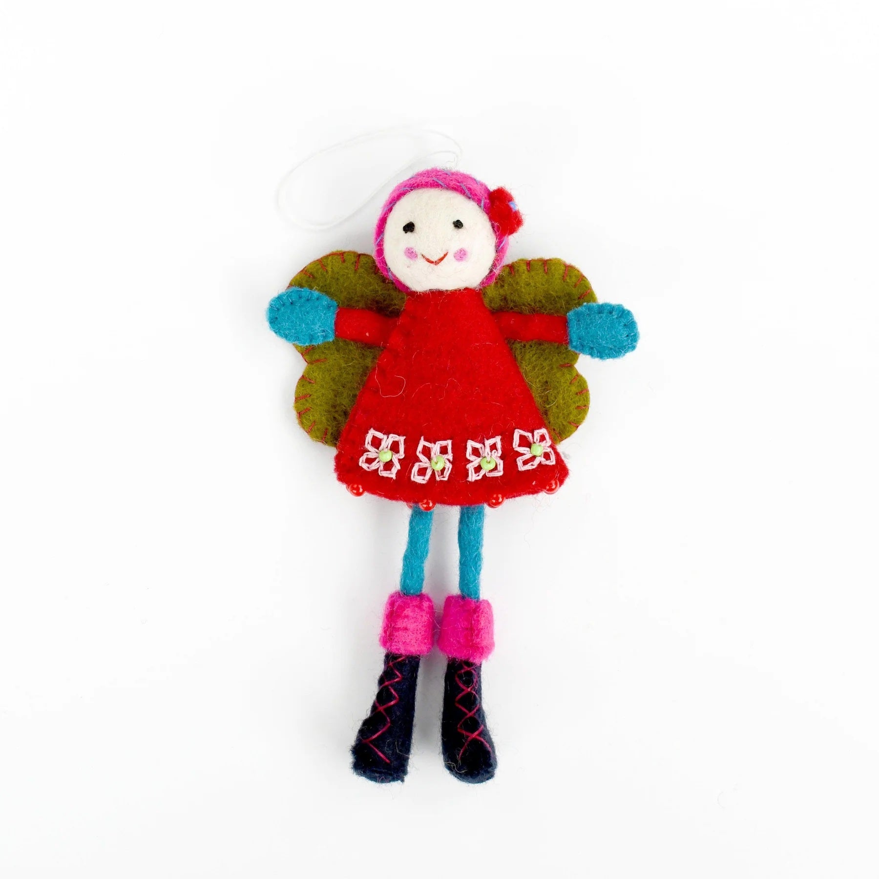 Felt fairy doll with red dress, green wings, and colorful shoes on a white background