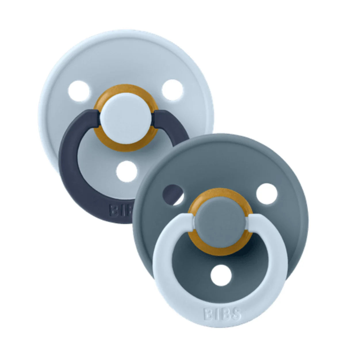 Two baby pacifiers with a blue and gray design on a white background