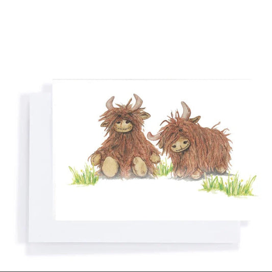 Two cartoon-style highland cows on a white background