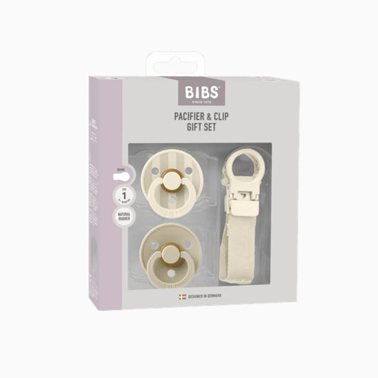 Bibs pacifier and clip gift set packaging on a white background
