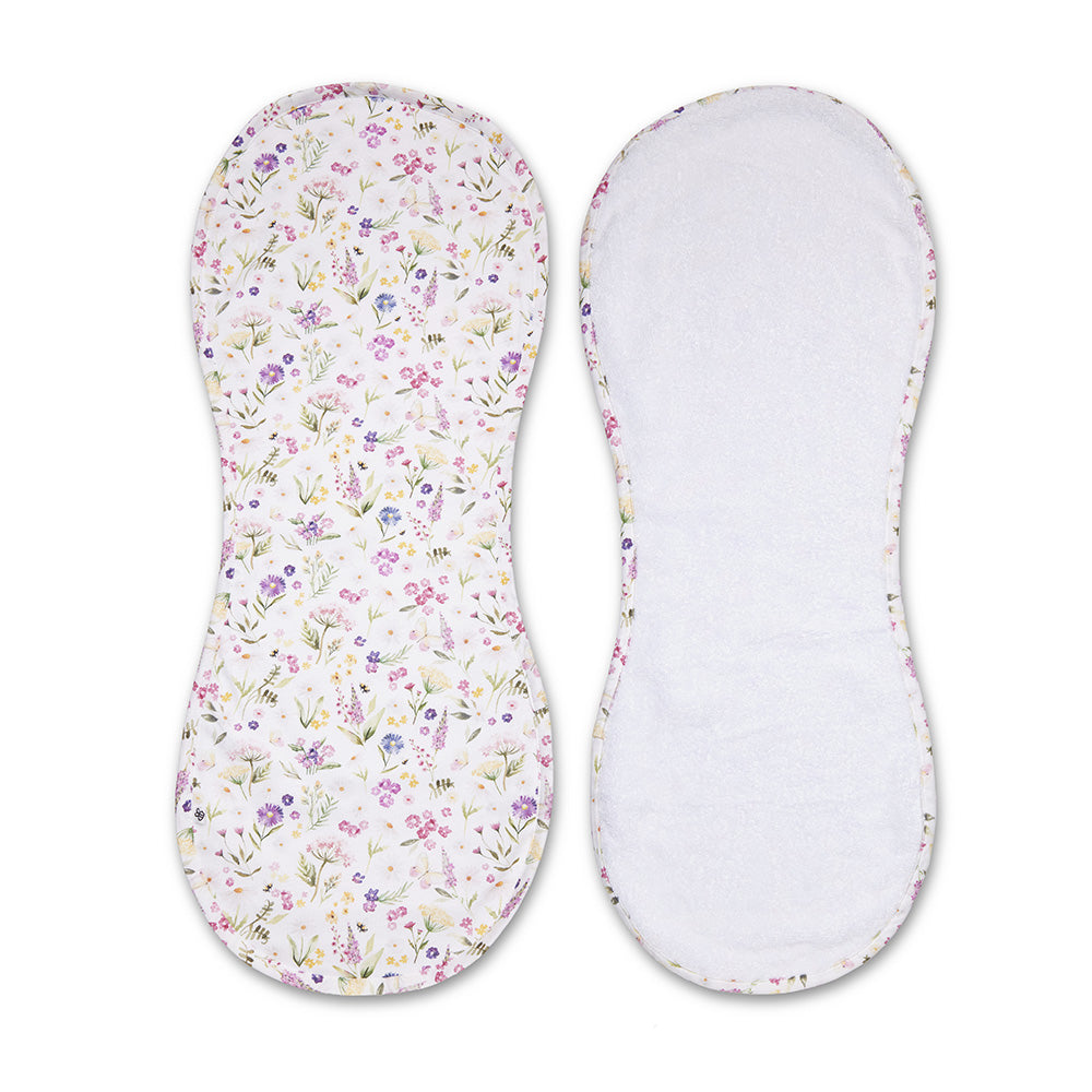 Two reusable cloth pad covers shown side by side on a white background, one displaying a delicate pastel floral print and the other showing a soft white textured lining.