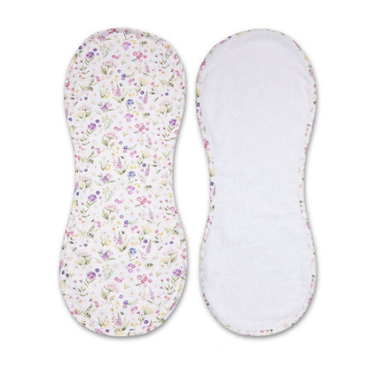 Two reusable cloth pad covers shown side by side on a white background, one displaying a delicate pastel floral print and the other showing a soft white textured lining.