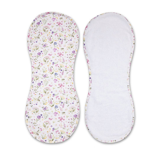 Two reusable cloth pad covers shown side by side on a white background, one displaying a delicate pastel floral print and the other showing a soft white textured lining.