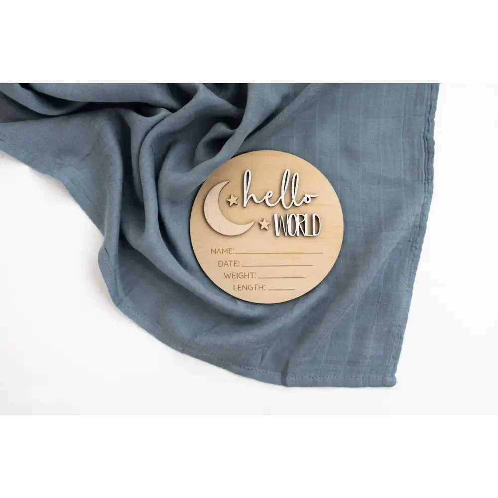 Wooden Birth Announcement Disc - Hello World Moon - Angus & Dudley Collections
