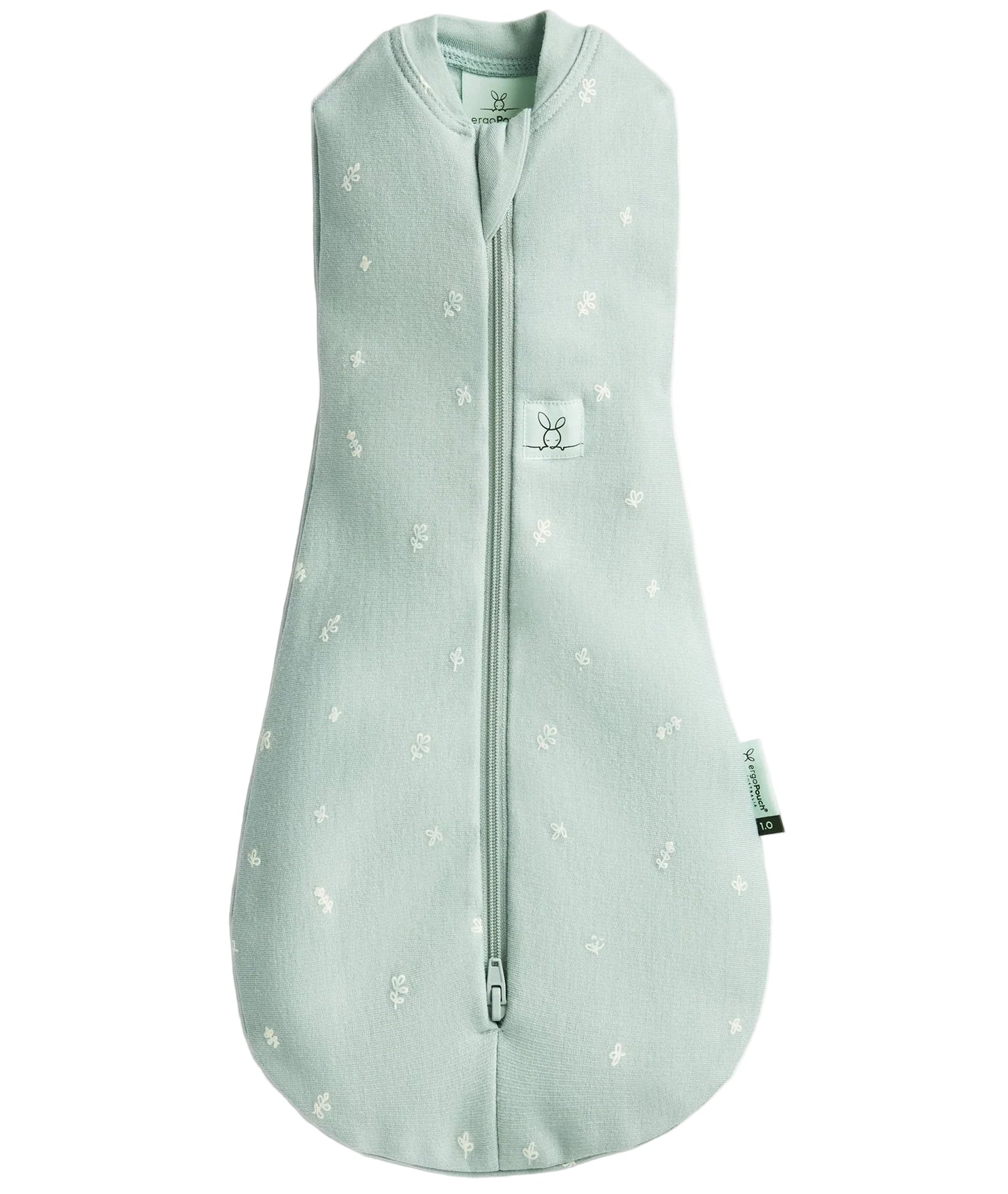 Light green baby sleeping bag with floral pattern on a white background