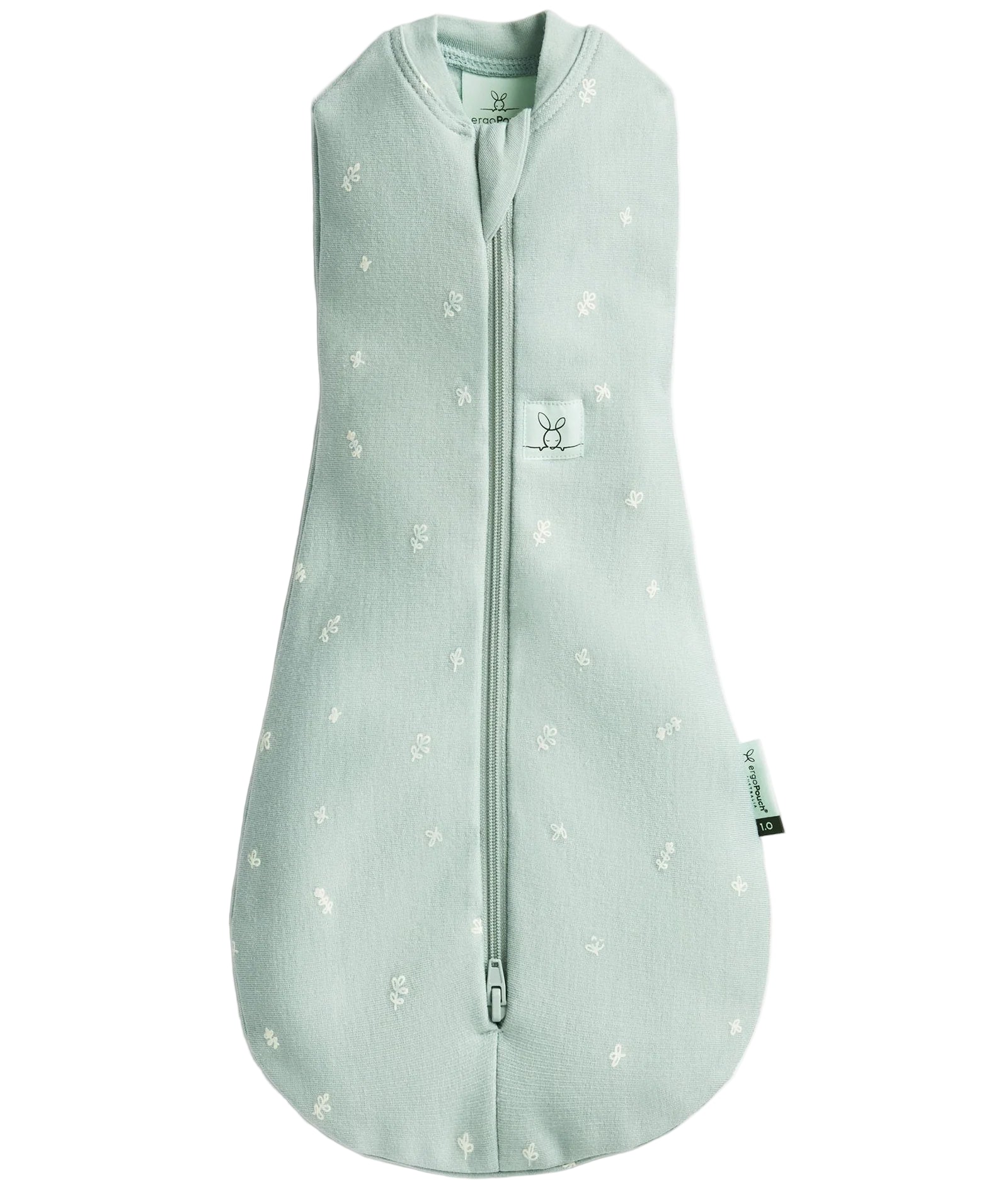 Light green baby sleeping bag with floral pattern on a white background