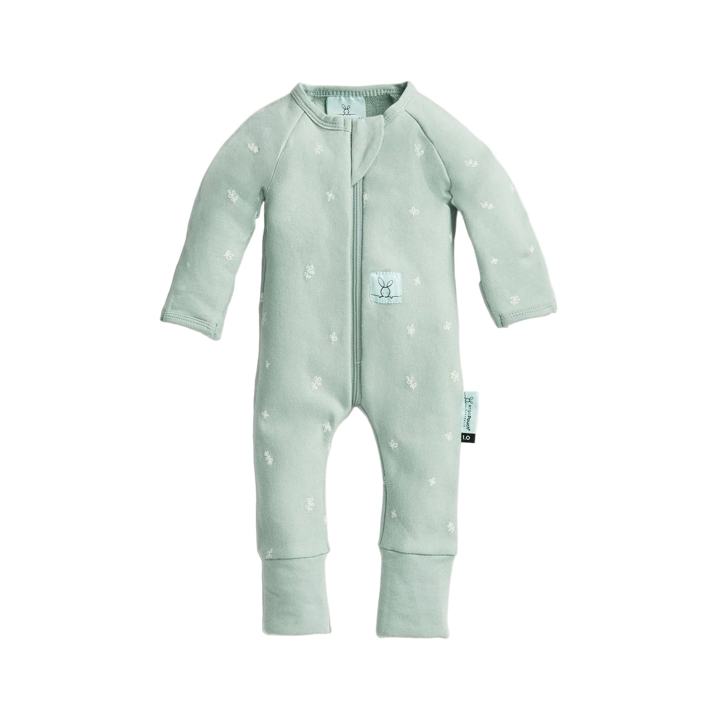 Light green baby onesie with star pattern on a white background