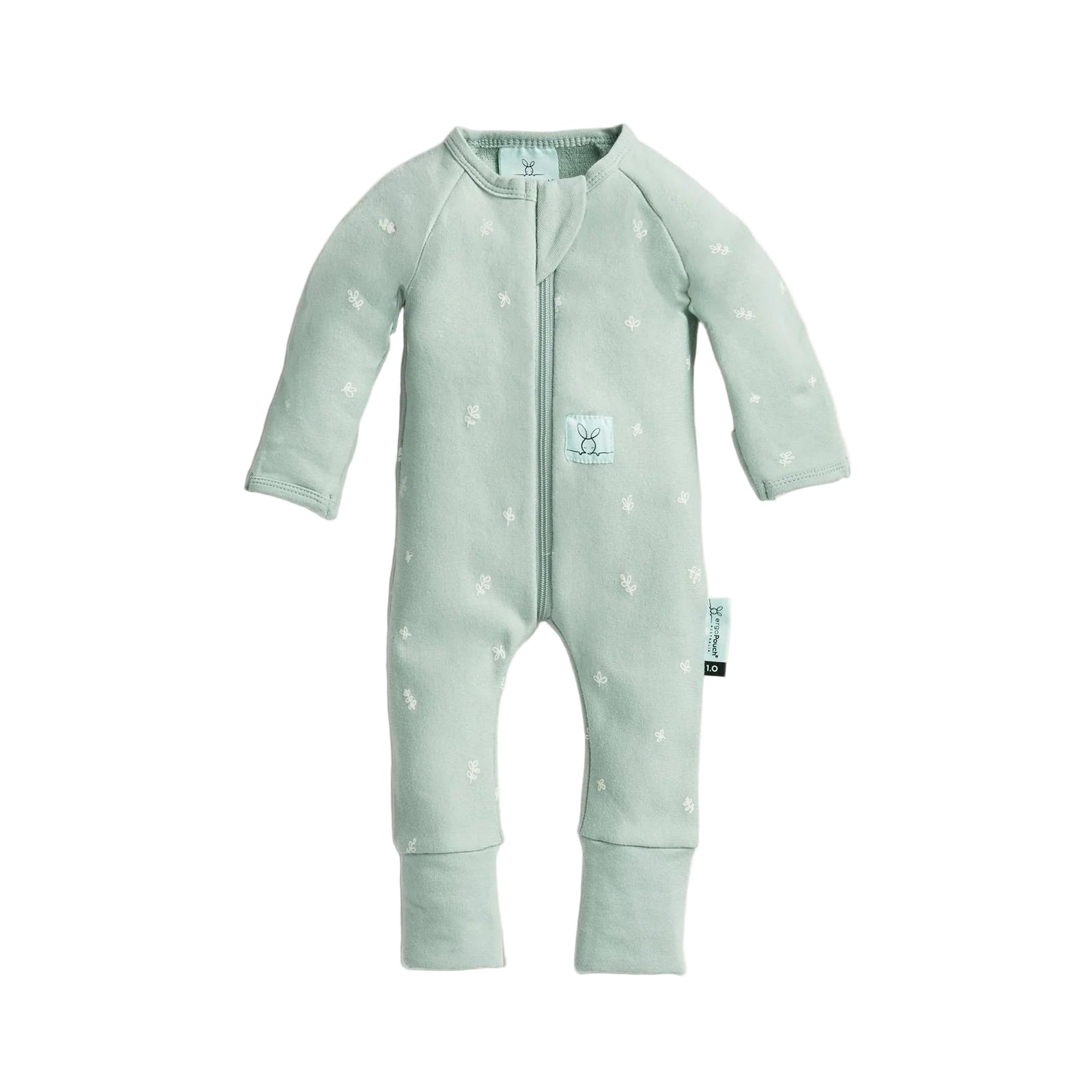 Light green baby onesie with star pattern on a white background