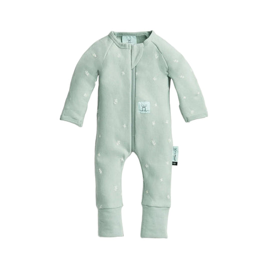 Light green baby onesie with star pattern on a white background