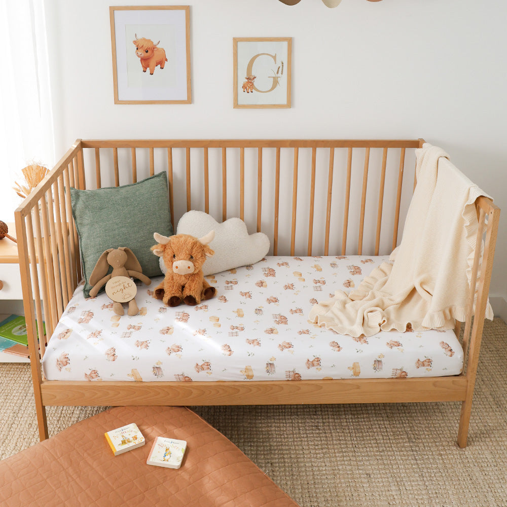 SNUGGLE HUNNY | FITTED COT SHEET | HIGHLAND COWS