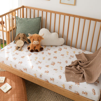 SNUGGLE HUNNY | FITTED COT SHEET | HIGHLAND COWS