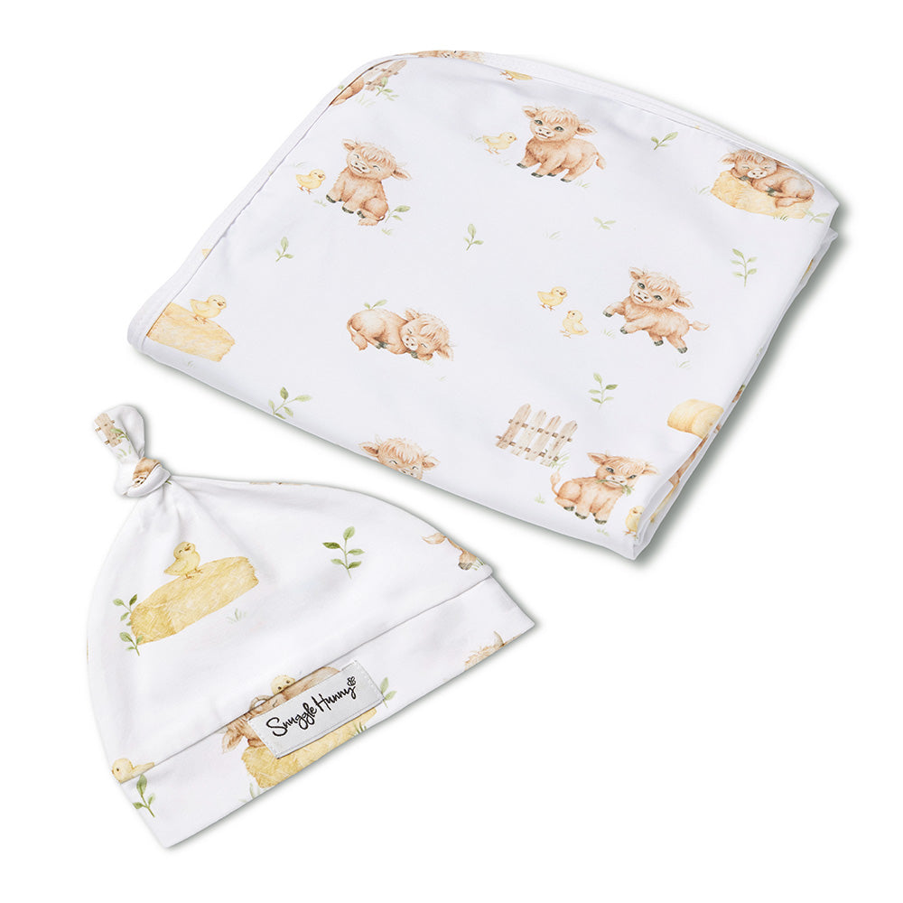 SNUGGLE HUNNY | JERSEY WRAP AND BEANIE SET | HIGHLAND COWS