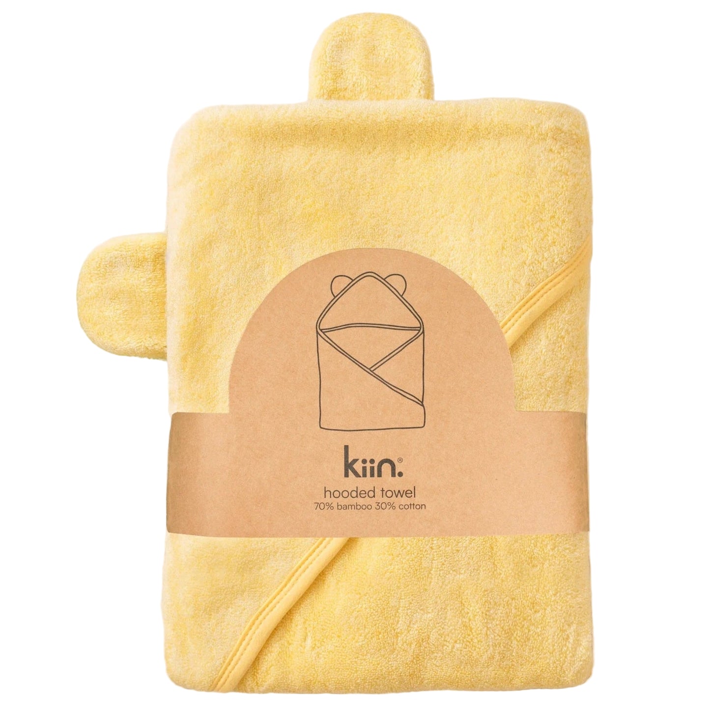 Yellow hooded towel with a matching washcloth on a beige background