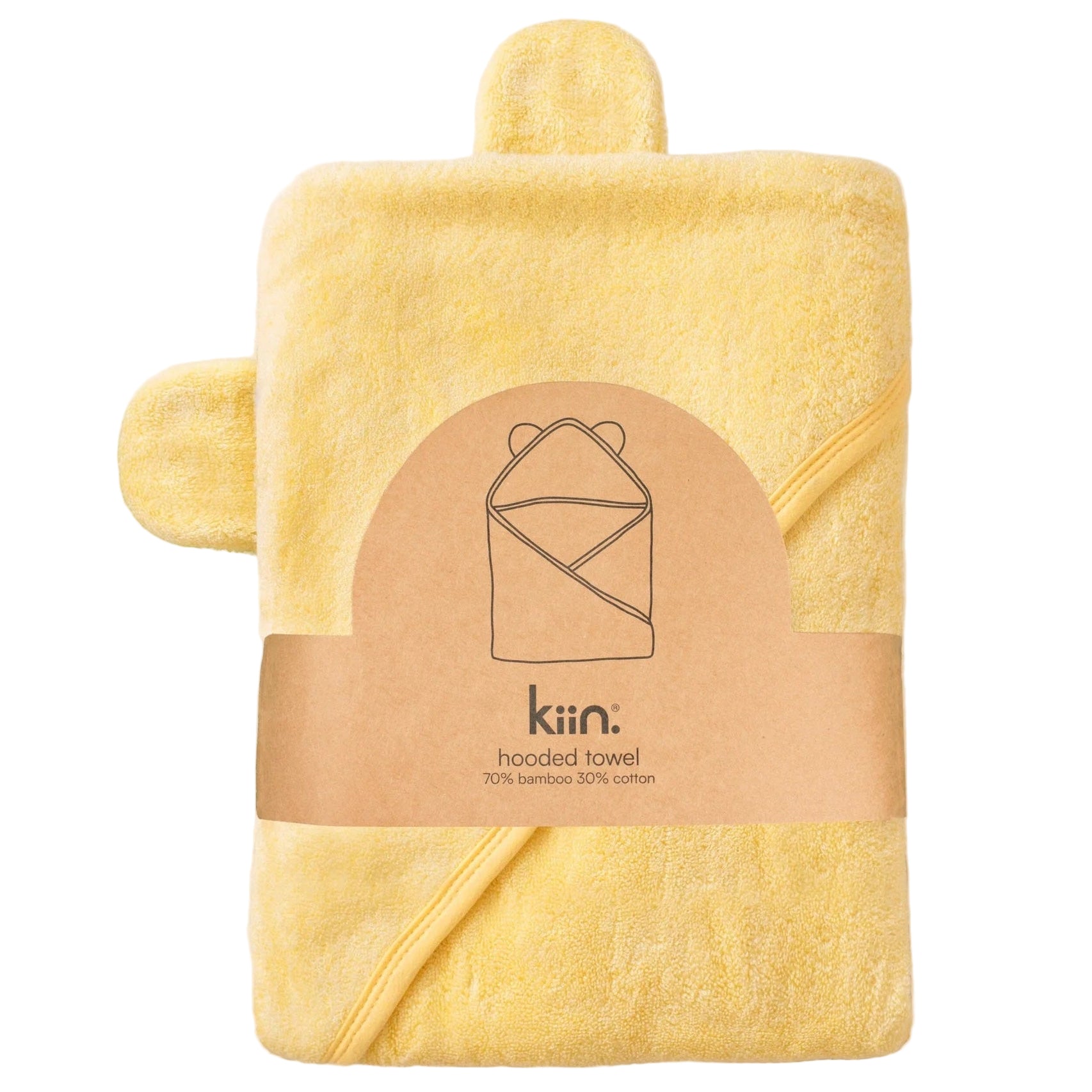 Yellow hooded towel with a matching washcloth on a beige background