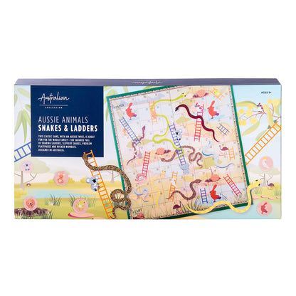 Snakes and Ladders game box with Australian animals design on a white background
