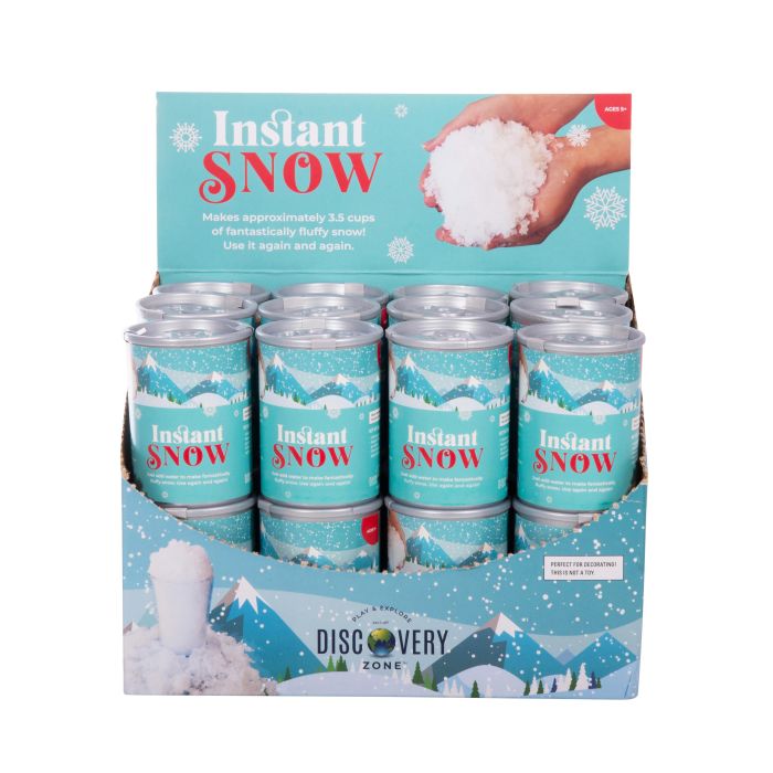 Display of 'Instant Snow' cans with packaging featuring a hand holding snow.