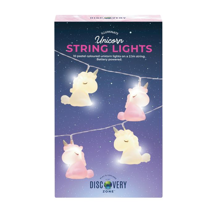 Packaging of unicorn string lights with pastel-colored unicorns on a dark blue background.