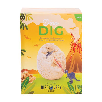 Dino Dig toy packaging with dinosaur egg and volcano scene on a yellow background