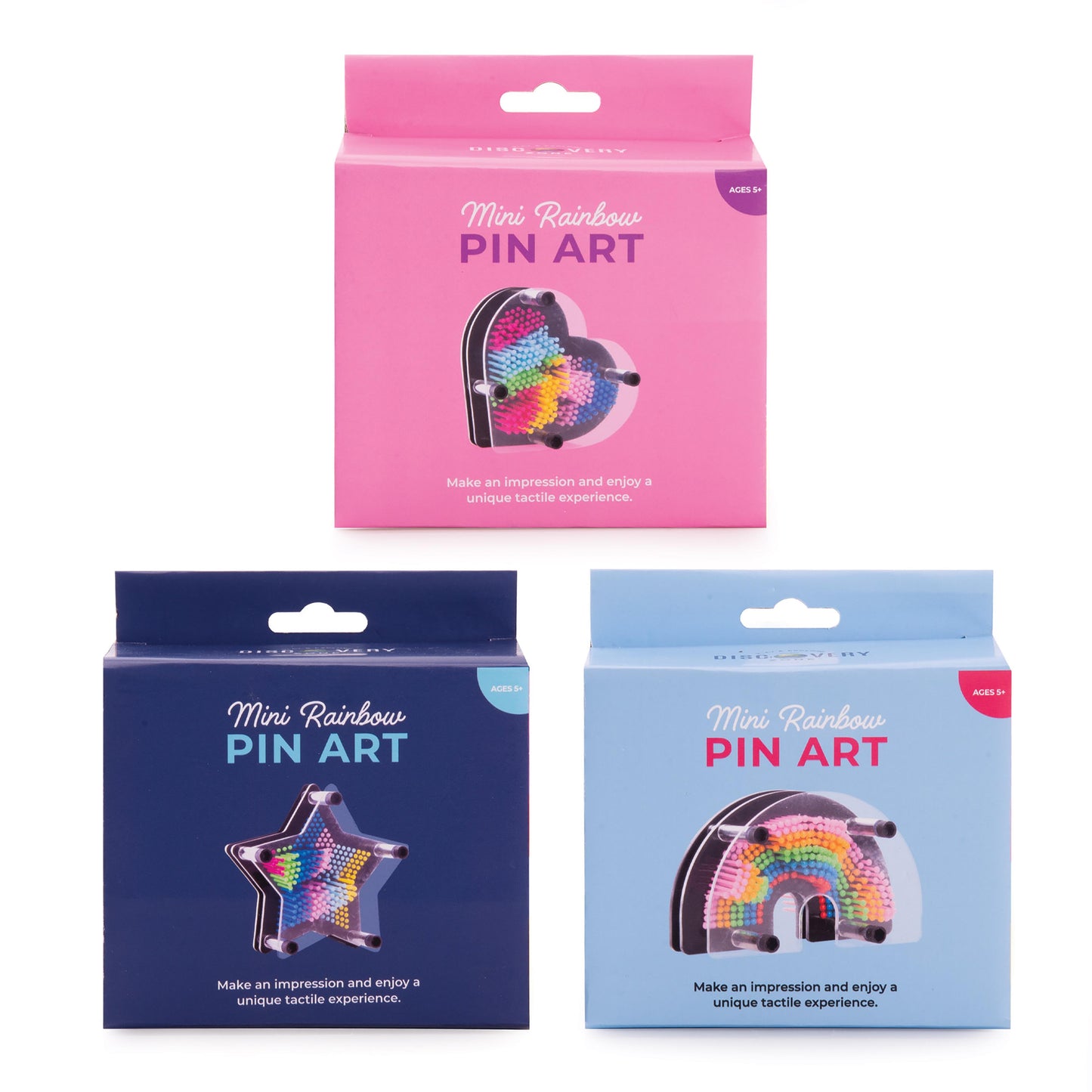 Three packages of Mini Rainbow Pin Art on a white background