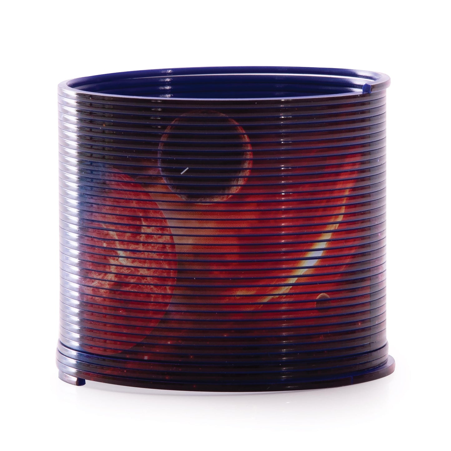 Cylindrical container with colorful design on a white background