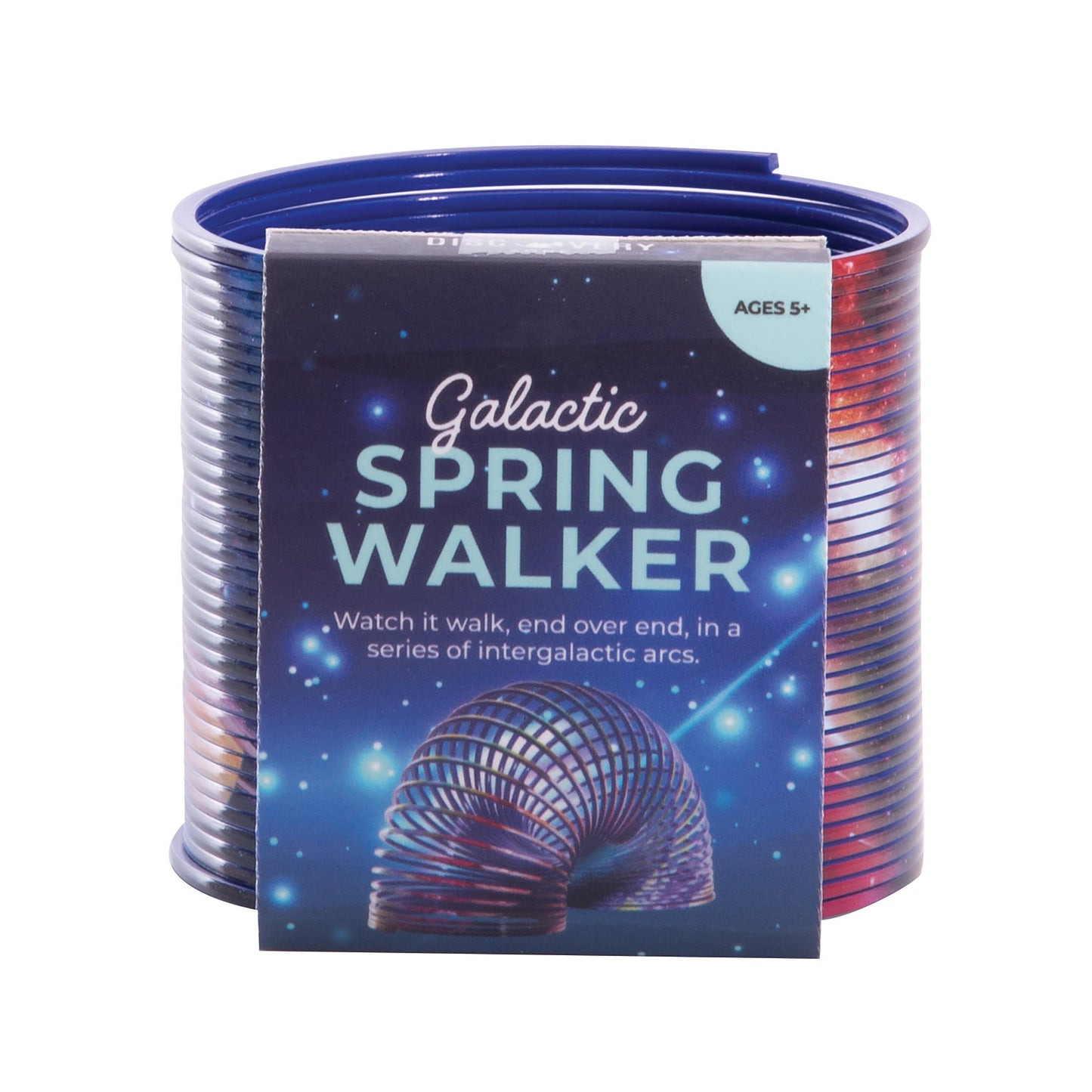 Galactic Spring Walker toy packaging with blue and red spring toy inside