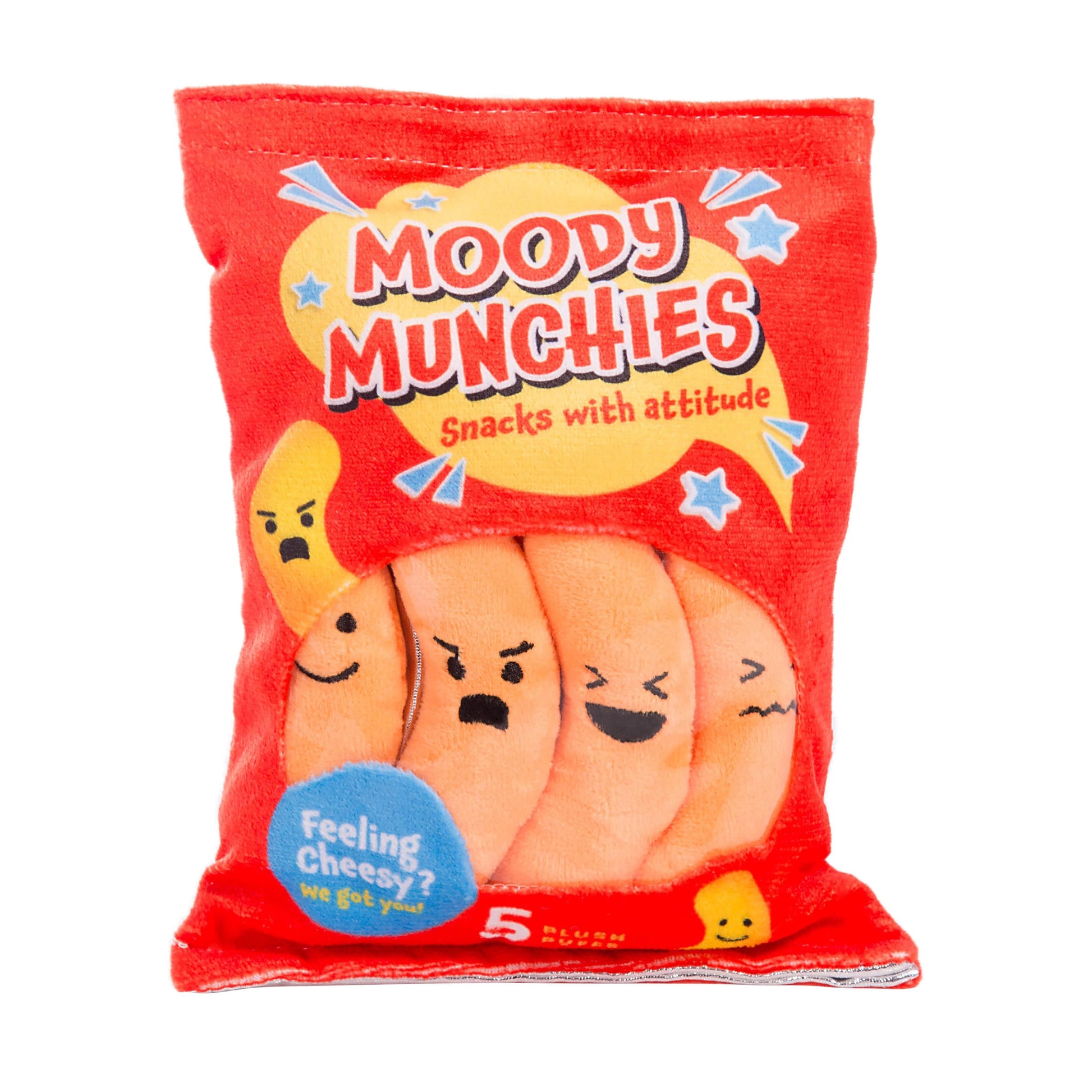 Red package of 'Moody Munchies' with cartoon banana characters on a white background