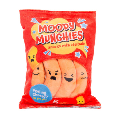 Red package of 'Moody Munchies' with cartoon banana characters on a white background