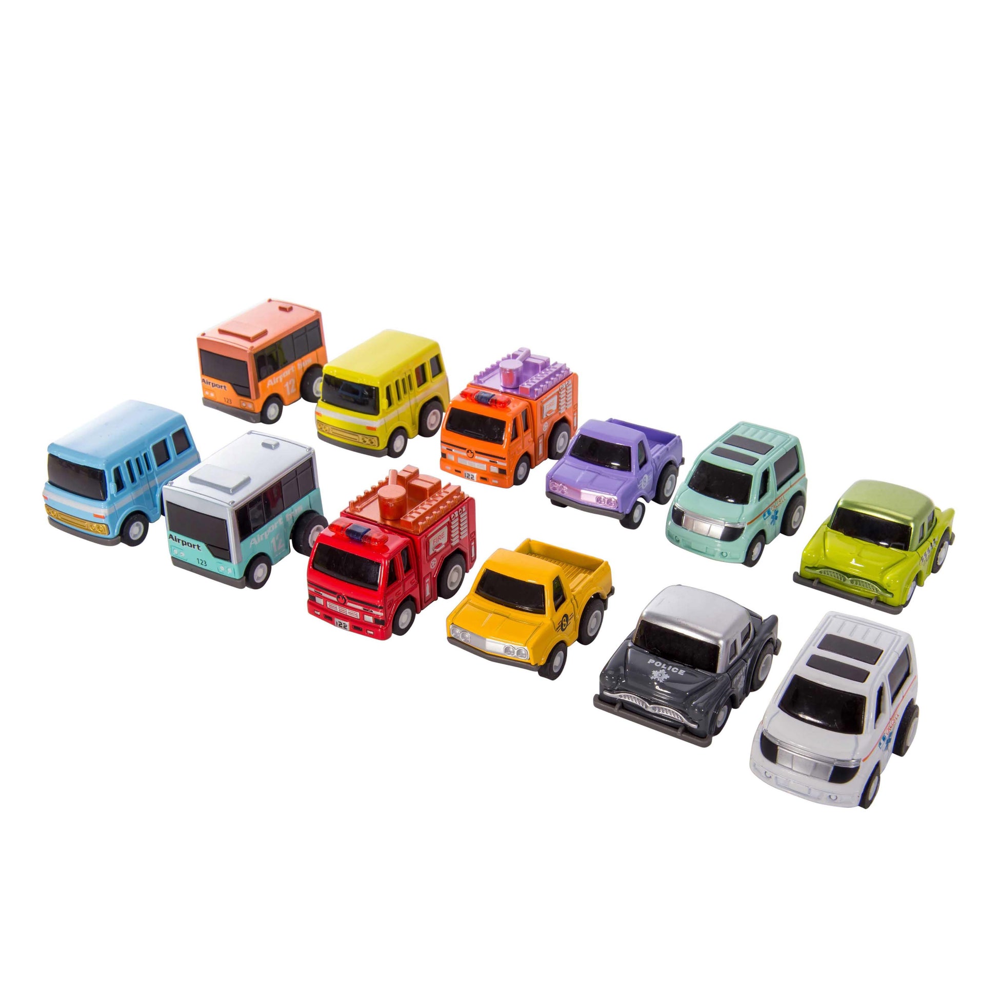 Collection of colorful toy cars on a white background