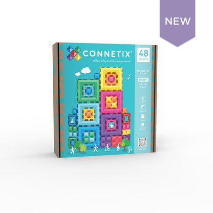 Connetix toy packaging with colorful blocks on a white background