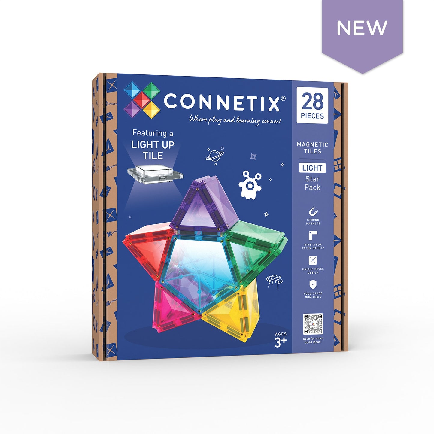 Connetix magnetic tiles packaging with colorful tiles on a blue background