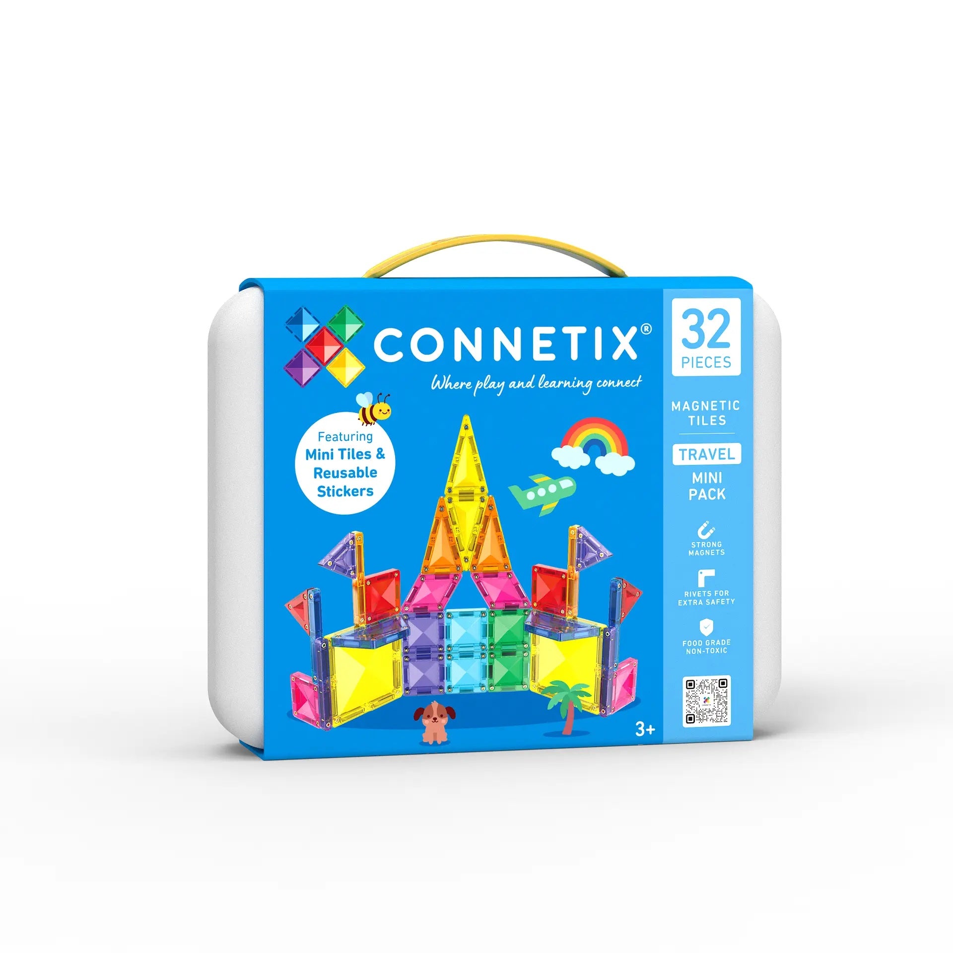 Connetix travel mini pack toy set in a hard plastic carrying case with a blue front panel, white sides, yellow handle, and colorful magnetic tile and sticker graphics on the box. Text on the package reads '32 PIECES', 'MAGNETIC TILES', and 'TRAVEL MINI PACK'.