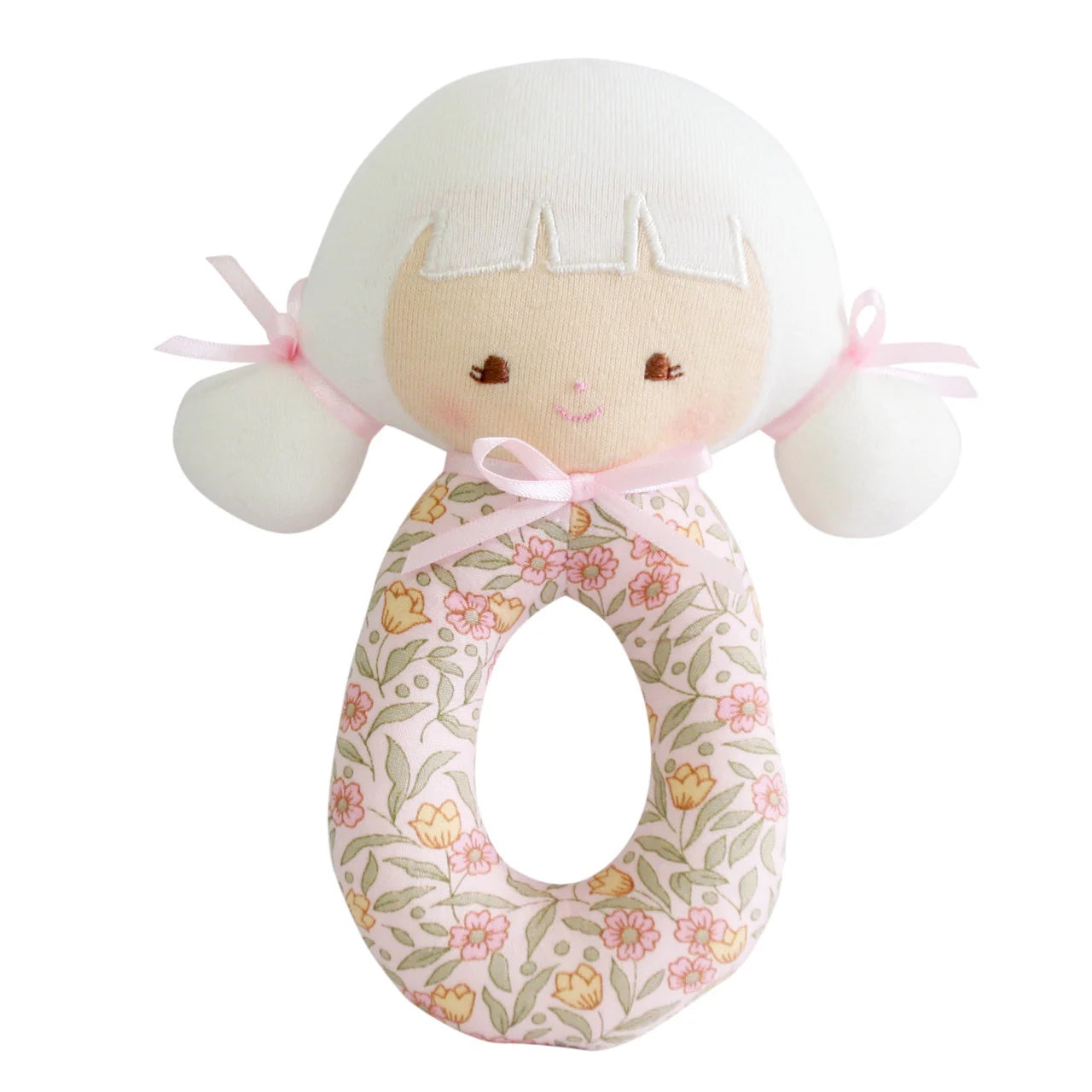 Floral-patterned baby rattle with a soft toy head on a white background