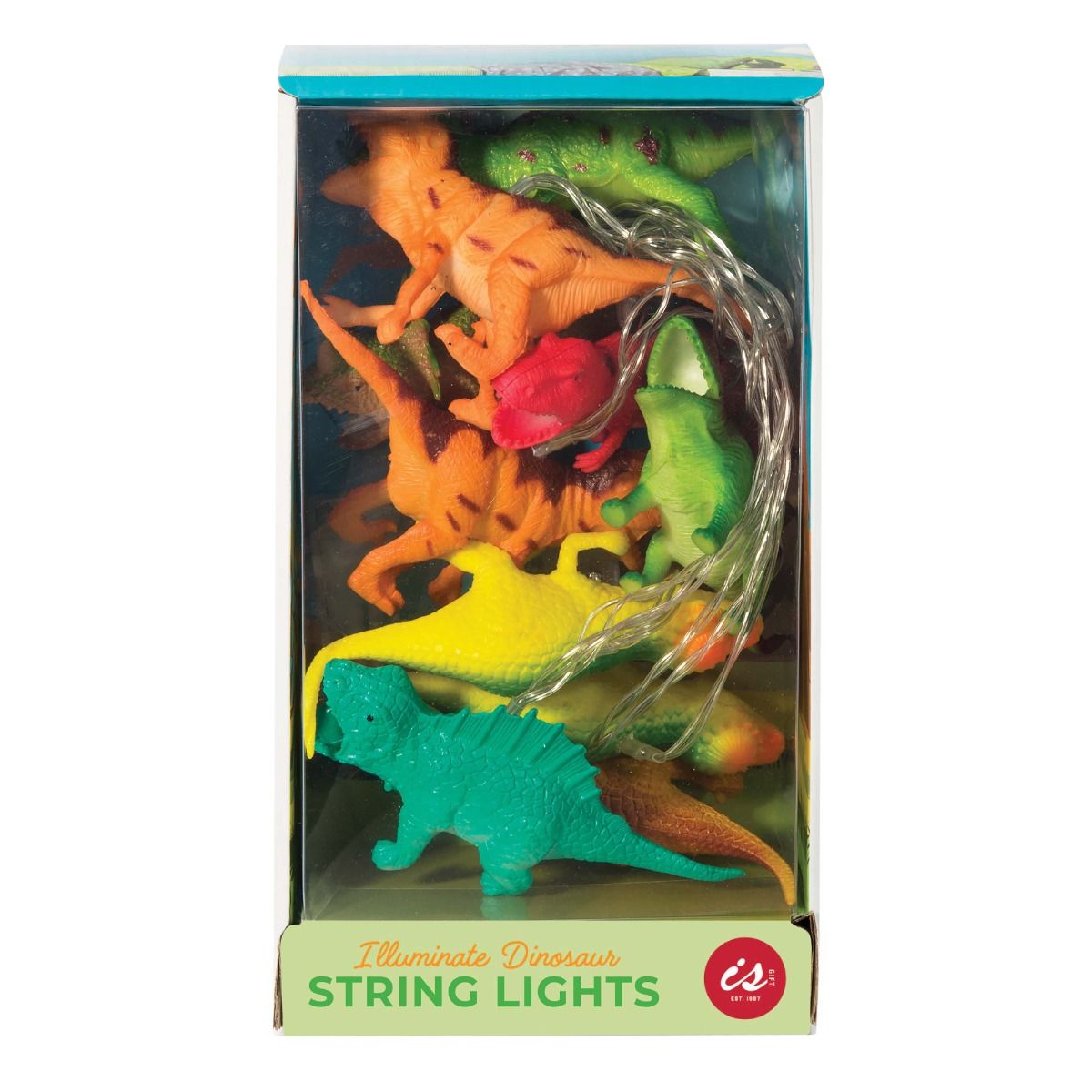 Packaged dinosaur string lights with colorful dinosaur figures on a white background