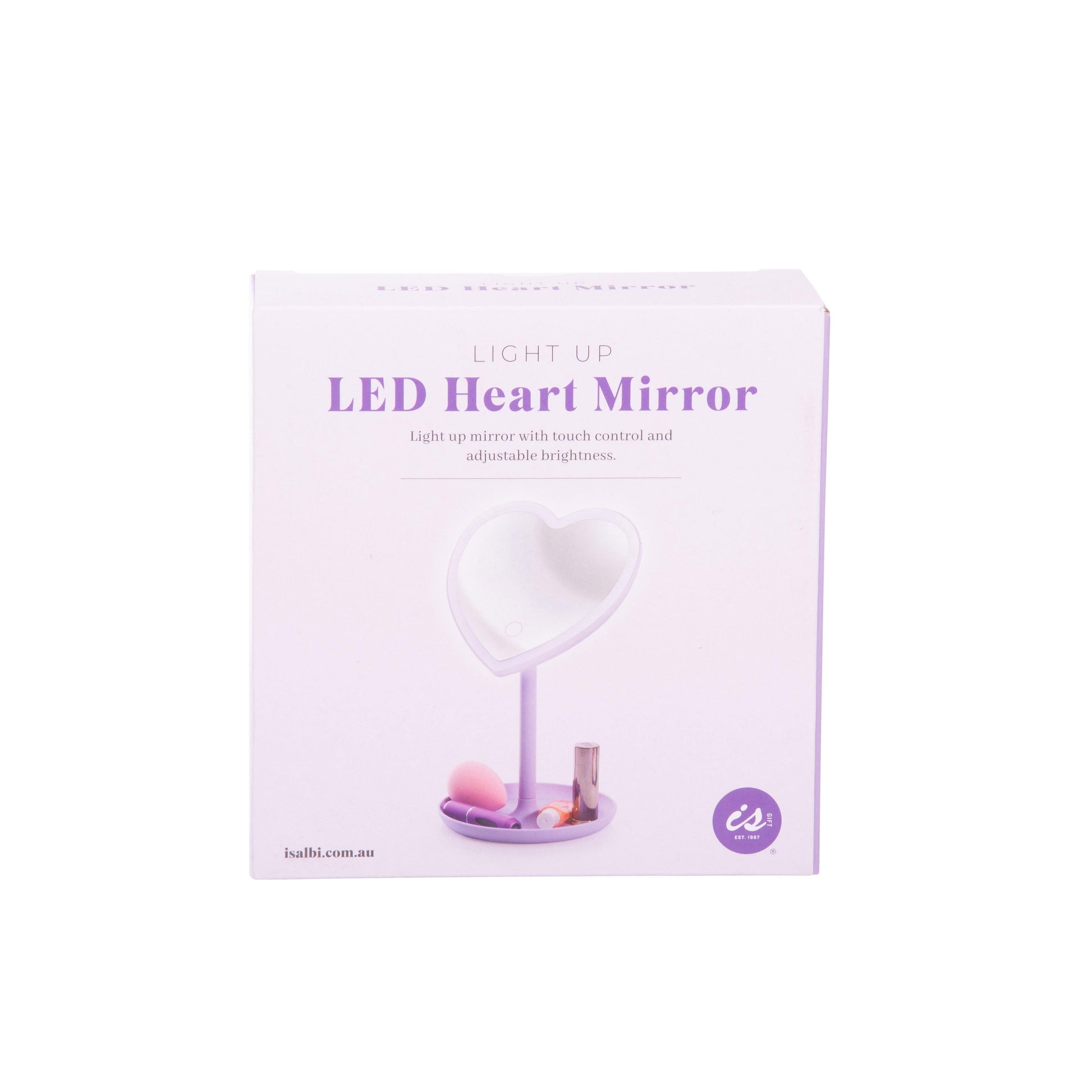 Package of a light-up LED heart mirror on a white background