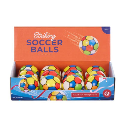 Box of colorful soccer balls with packaging displaying 'Striking Soccer Balls' text.