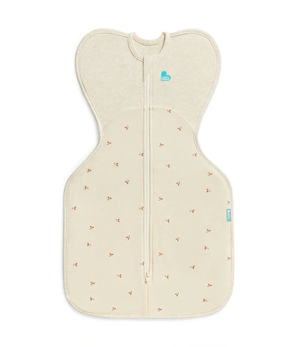 Beige baby sleeping bag with subtle pattern on a white background