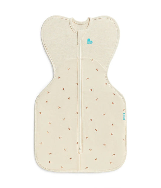 Beige baby sleeping bag with subtle pattern on a white background
