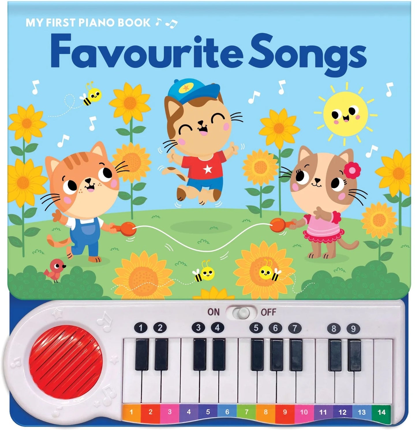 Children's piano book titled 'Favourite Songs' with cartoon animals and keyboard.
