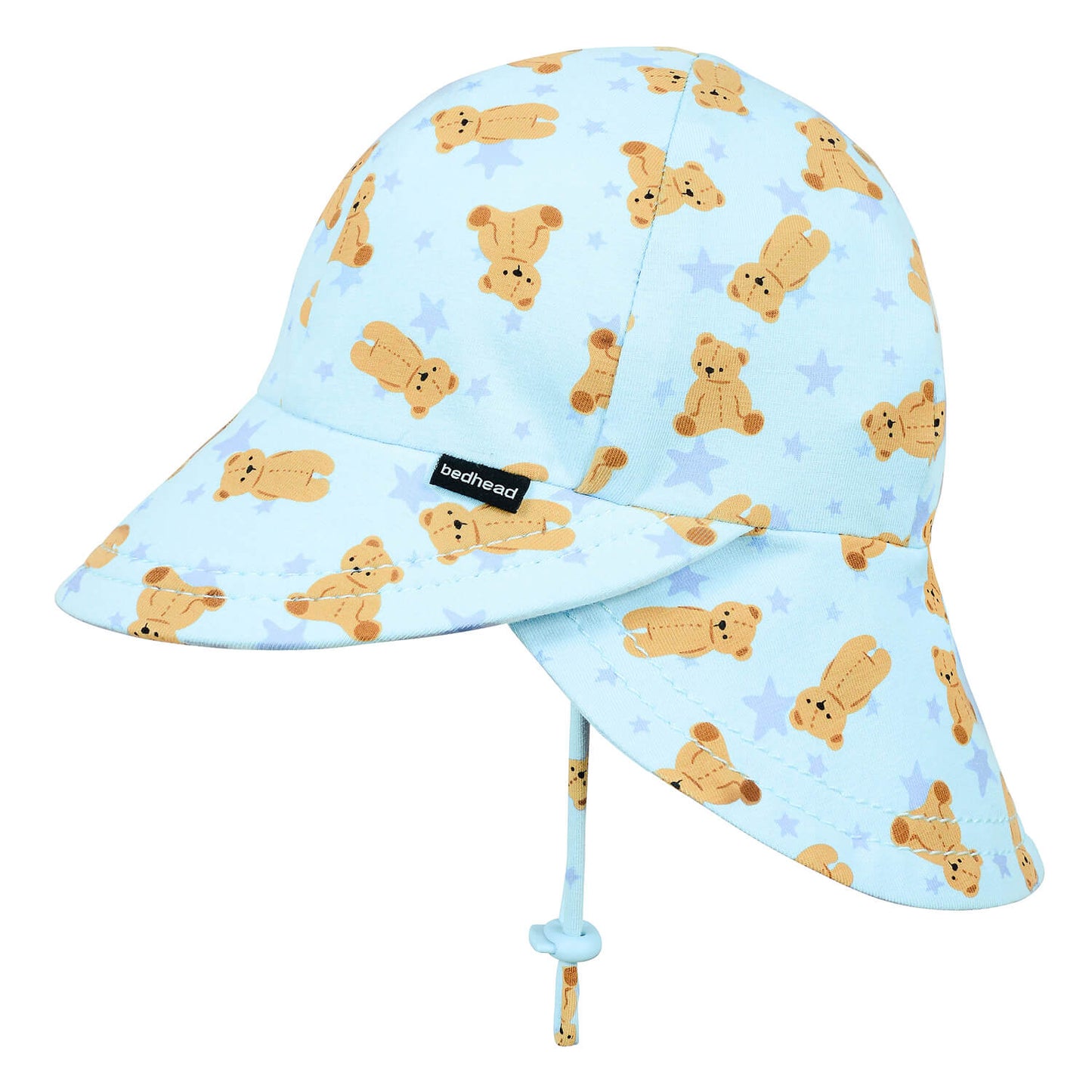 A light blue sun hat with an all-over print of teddy bears and stars, featuring a chin strap and a black brand label that reads 'bedbent'.