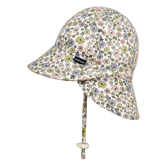Floral patterned baby sun hat with a drawstring on a white background