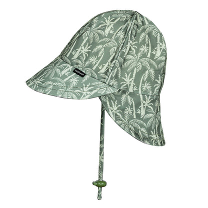 Green bucket hat with palm tree pattern on a white background