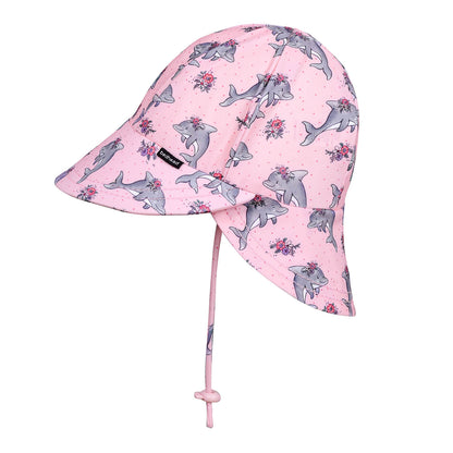 Pink sun hat with shark pattern on a white background